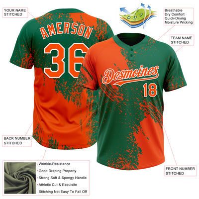 Custom Orange Kelly Green-White 3D Pattern Abstract Brush Stroke Two-Button Unisex Softball Jersey