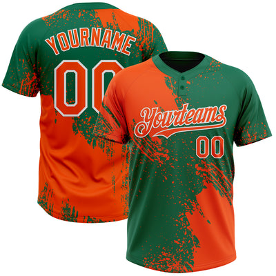 Custom Orange Kelly Green-White 3D Pattern Abstract Brush Stroke Two-Button Unisex Softball Jersey