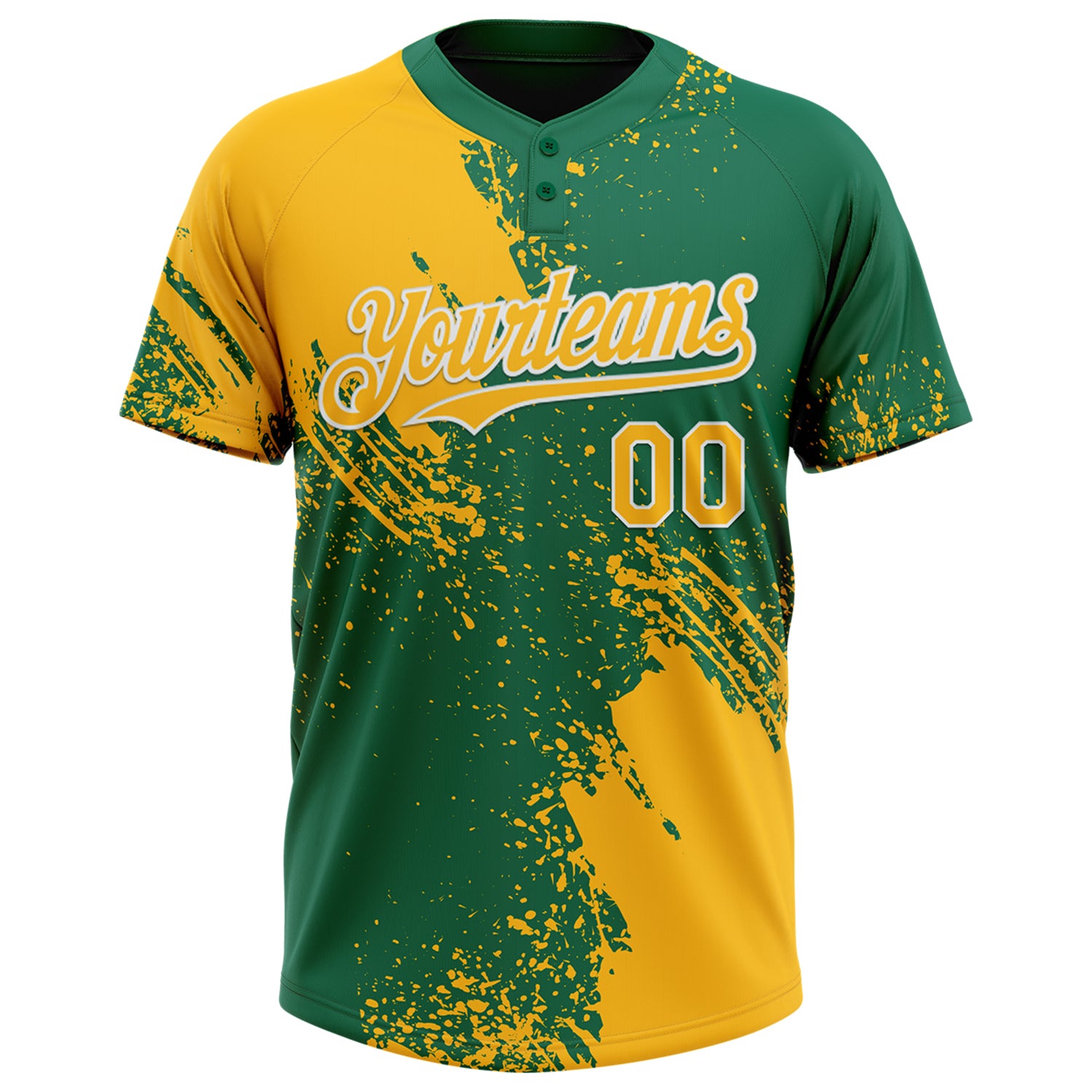 Custom Gold Kelly Green-White 3D Pattern Abstract Brush Stroke Two-Button Unisex Softball Jersey