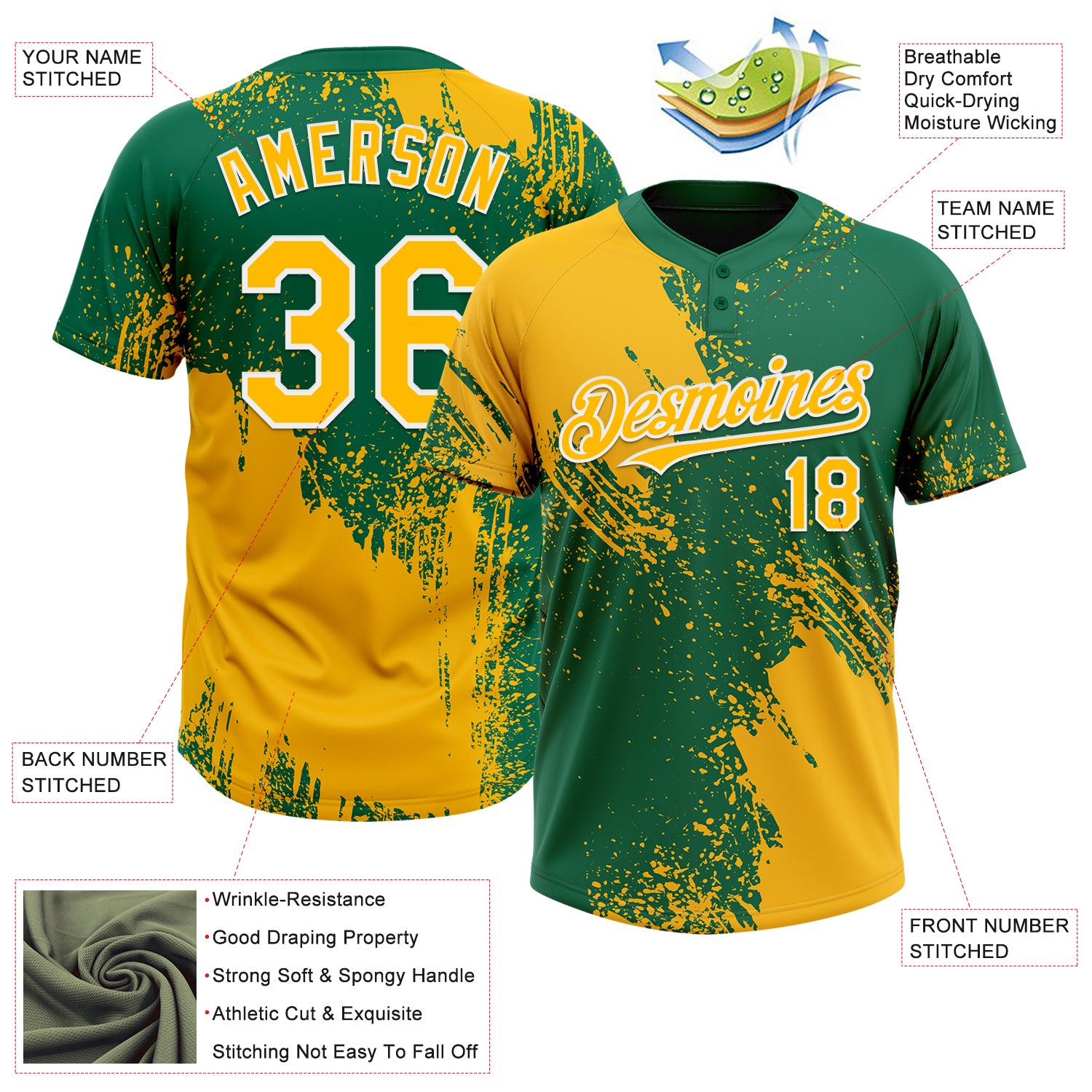 Custom Gold Kelly Green-White 3D Pattern Abstract Brush Stroke Two-Button Unisex Softball Jersey