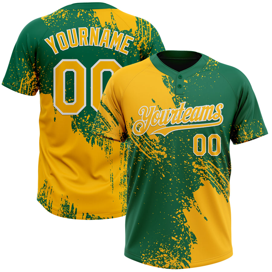 Custom Gold Kelly Green-White 3D Pattern Abstract Brush Stroke Two-Button Unisex Softball Jersey