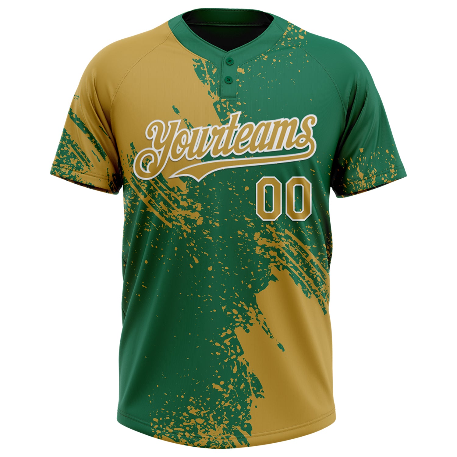 Custom Old Gold Kelly Green-White 3D Pattern Abstract Brush Stroke Two-Button Unisex Softball Jersey