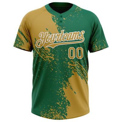Custom Old Gold Kelly Green-White 3D Pattern Abstract Brush Stroke Two-Button Unisex Softball Jersey