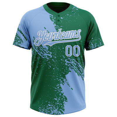 Custom Light Blue Kelly Green-White 3D Pattern Abstract Brush Stroke Two-Button Unisex Softball Jersey