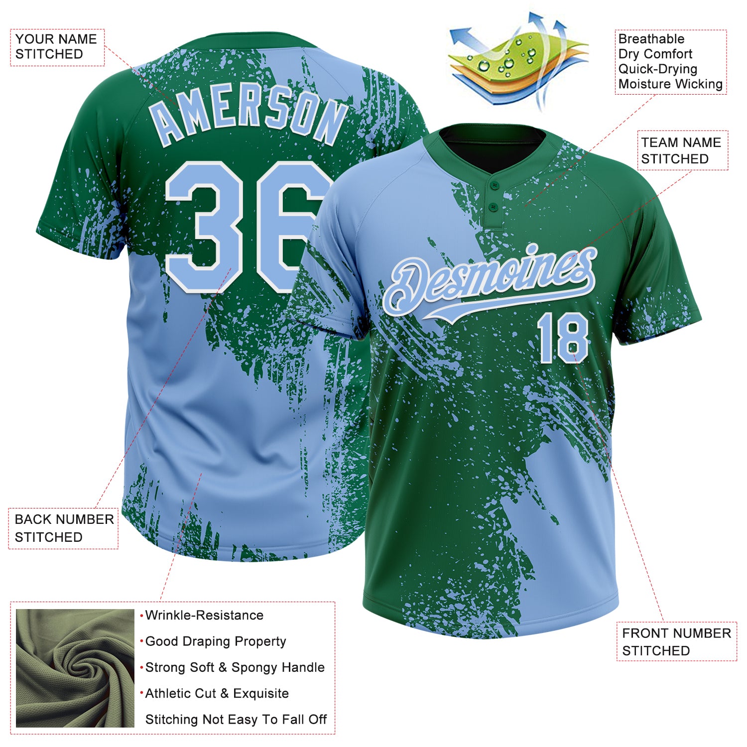 Custom Light Blue Kelly Green-White 3D Pattern Abstract Brush Stroke Two-Button Unisex Softball Jersey
