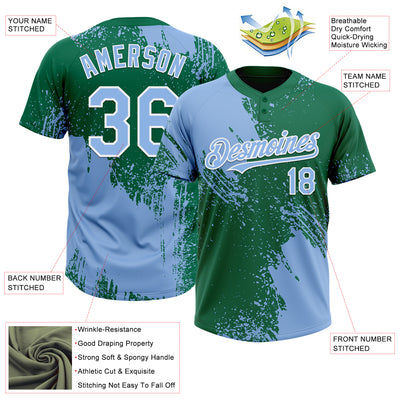 Custom Light Blue Kelly Green-White 3D Pattern Abstract Brush Stroke Two-Button Unisex Softball Jersey