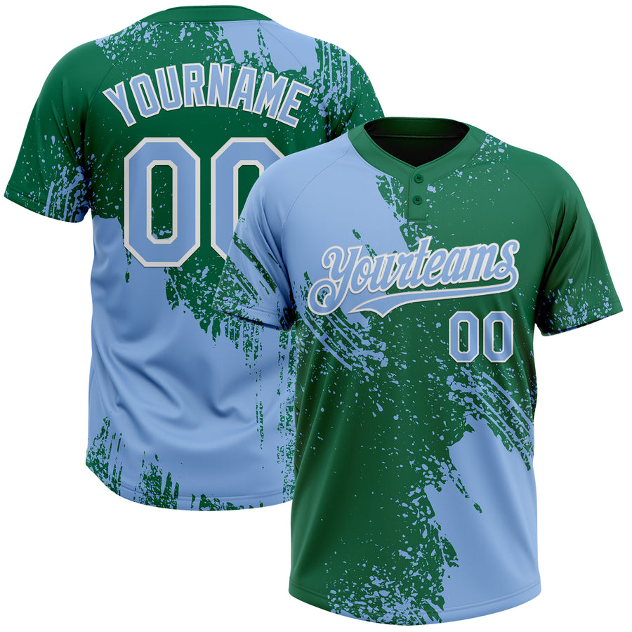 Custom Light Blue Kelly Green-White 3D Pattern Abstract Brush Stroke Two-Button Unisex Softball Jersey