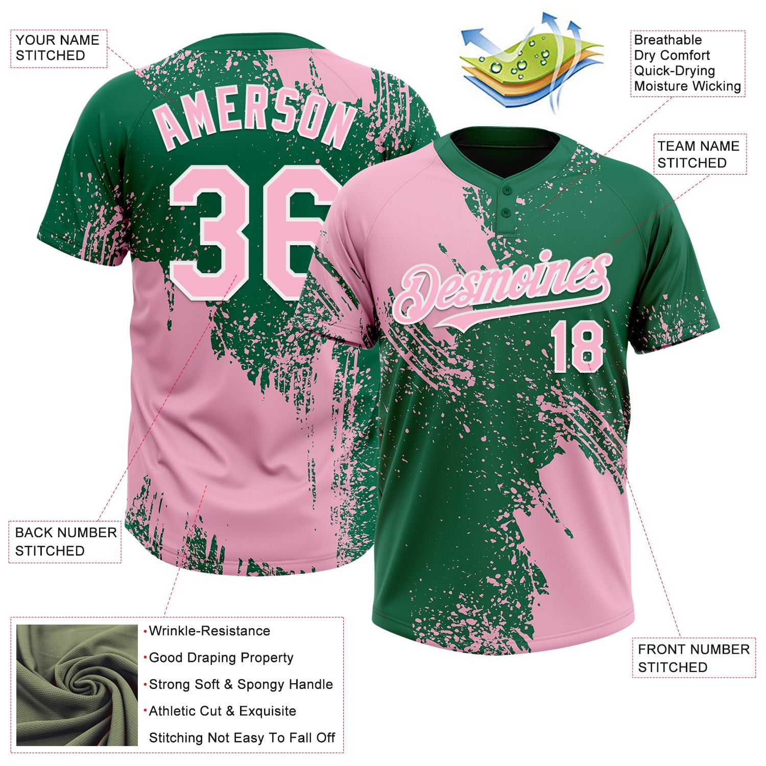 Custom Light Pink Kelly Green-White 3D Pattern Abstract Brush Stroke Two-Button Unisex Softball Jersey