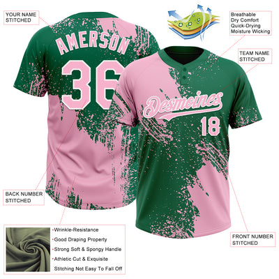 Custom Light Pink Kelly Green-White 3D Pattern Abstract Brush Stroke Two-Button Unisex Softball Jersey