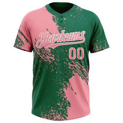 Custom Medium Pink Kelly Green-White 3D Pattern Abstract Brush Stroke Two-Button Unisex Softball Jersey