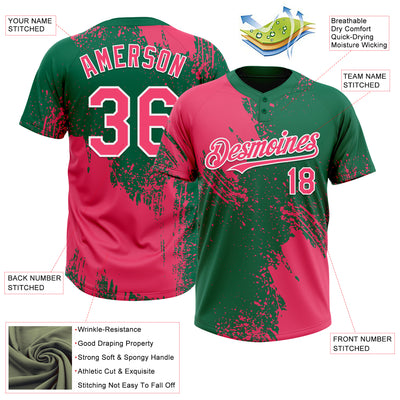 Custom Neon Pink Kelly Green-White 3D Pattern Abstract Brush Stroke Two-Button Unisex Softball Jersey
