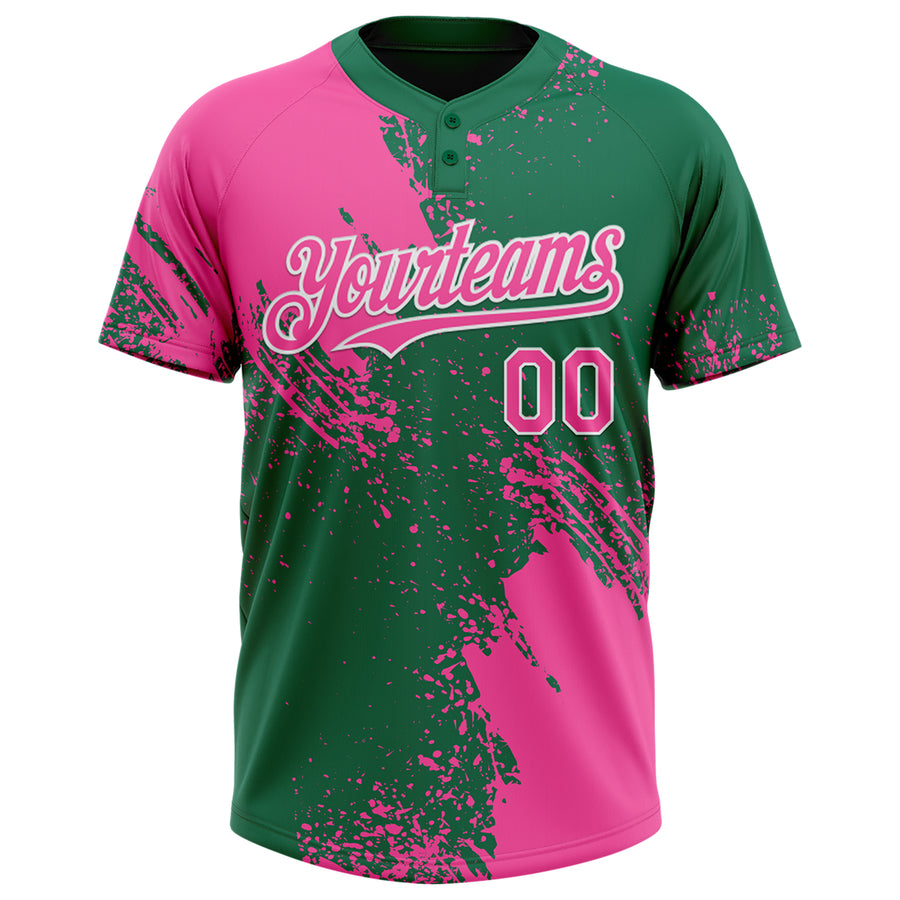 Custom Pink Kelly Green-White 3D Pattern Abstract Brush Stroke Two-Button Unisex Softball Jersey