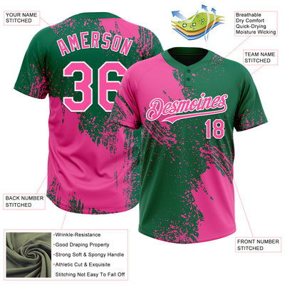 Custom Pink Kelly Green-White 3D Pattern Abstract Brush Stroke Two-Button Unisex Softball Jersey