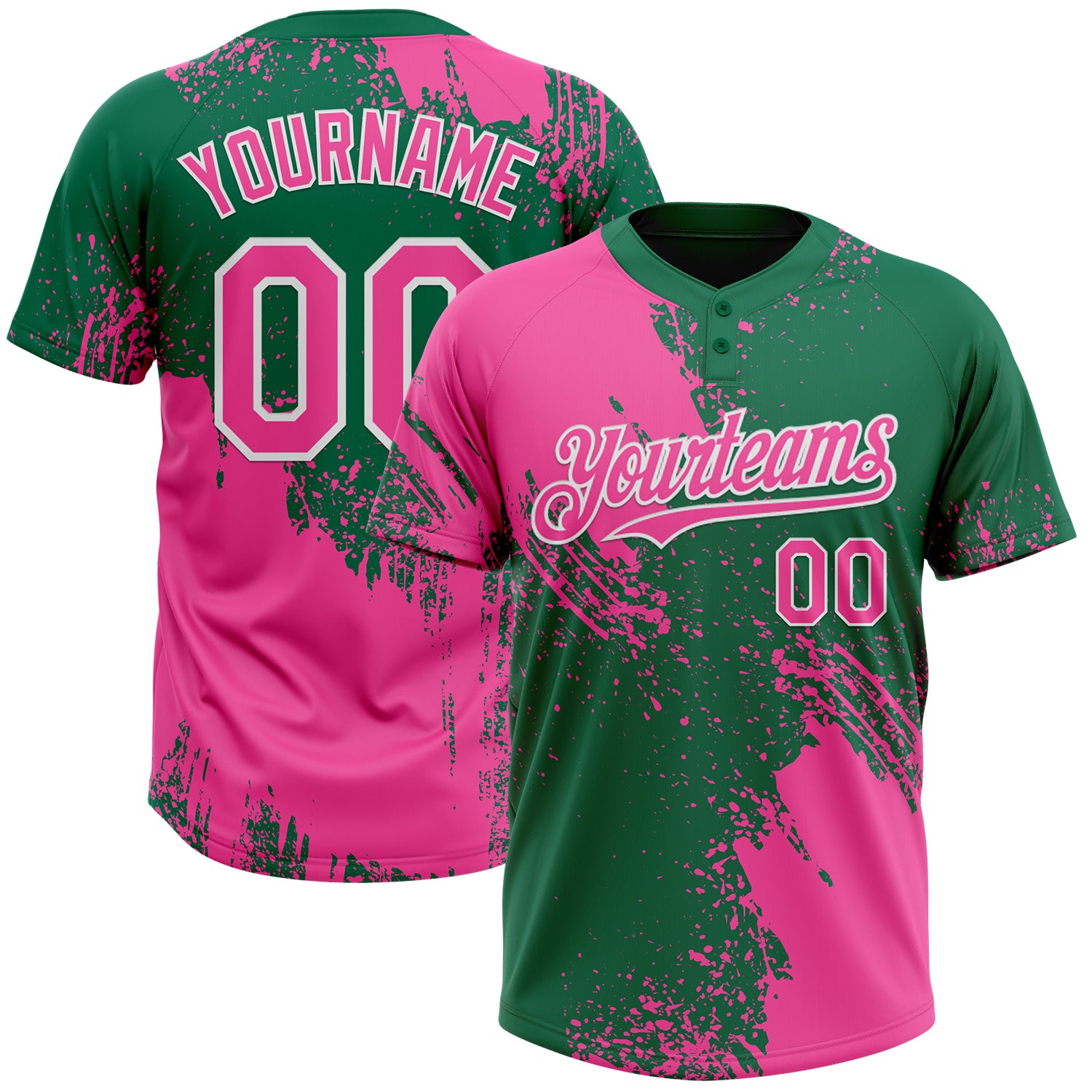 Custom Pink Kelly Green-White 3D Pattern Abstract Brush Stroke Two-Button Unisex Softball Jersey