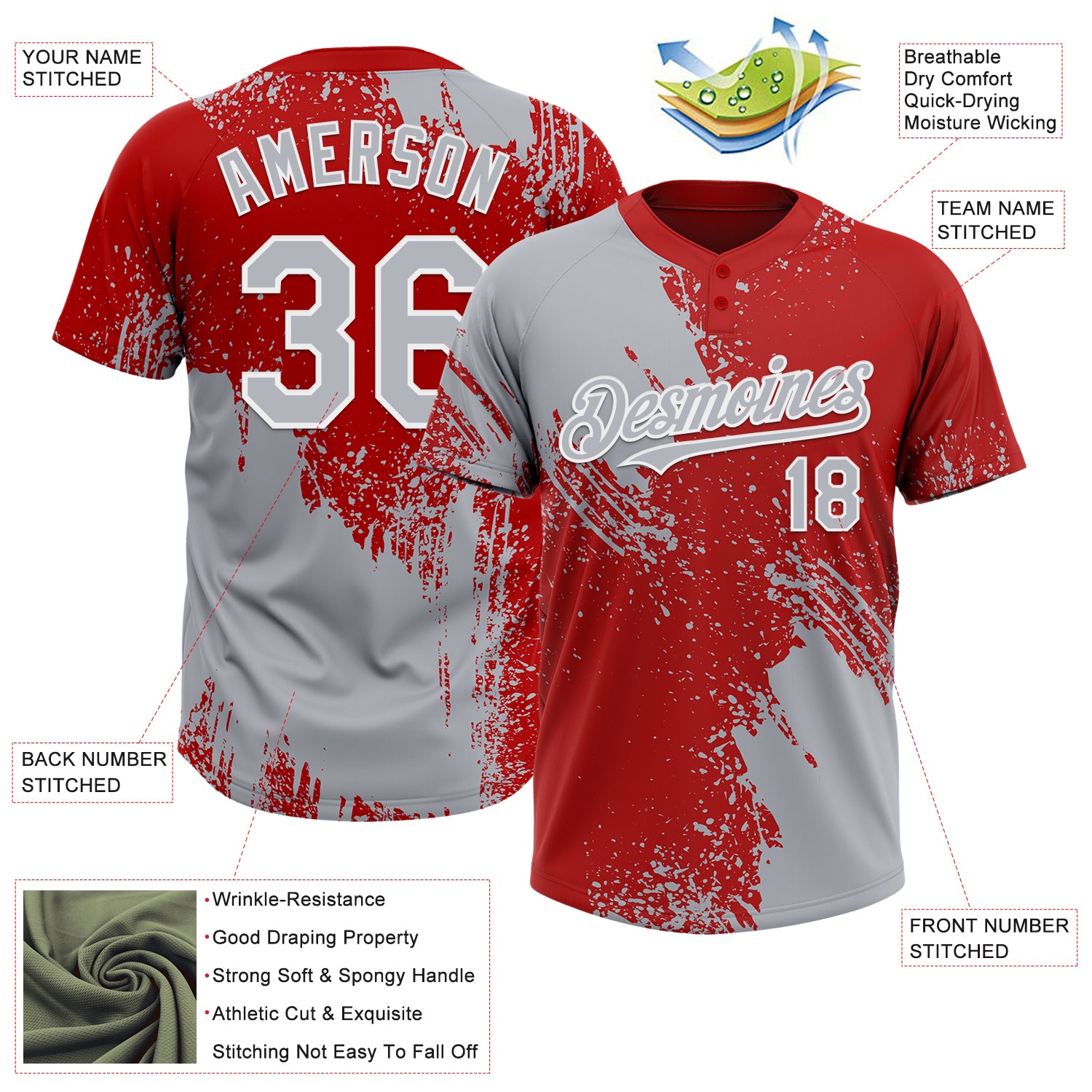 Custom Gray Red-White 3D Pattern Abstract Brush Stroke Two-Button Unisex Softball Jersey