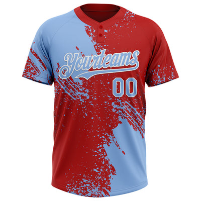 Custom Light Blue Red-White 3D Pattern Abstract Brush Stroke Two-Button Unisex Softball Jersey