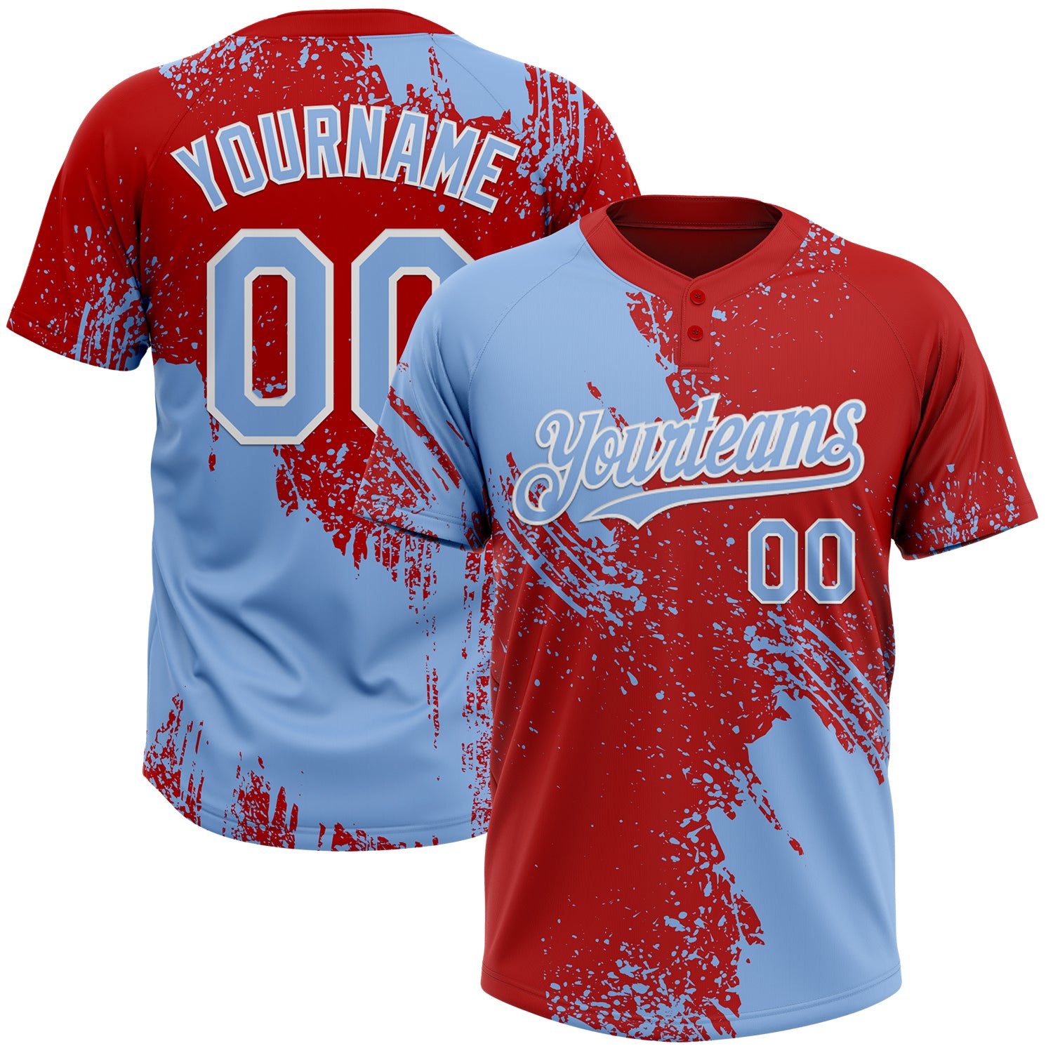 Custom Light Blue Red-White 3D Pattern Abstract Brush Stroke Two-Button Unisex Softball Jersey