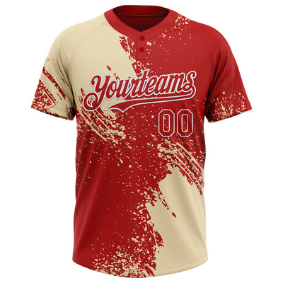 Custom Cream Red-White 3D Pattern Abstract Brush Stroke Two-Button Unisex Softball Jersey