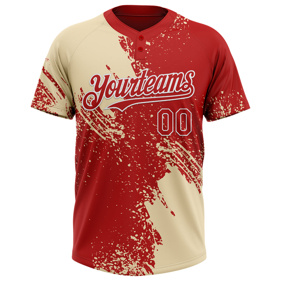 Custom Cream Red-White 3D Pattern Abstract Brush Stroke Two-Button Unisex Softball Jersey