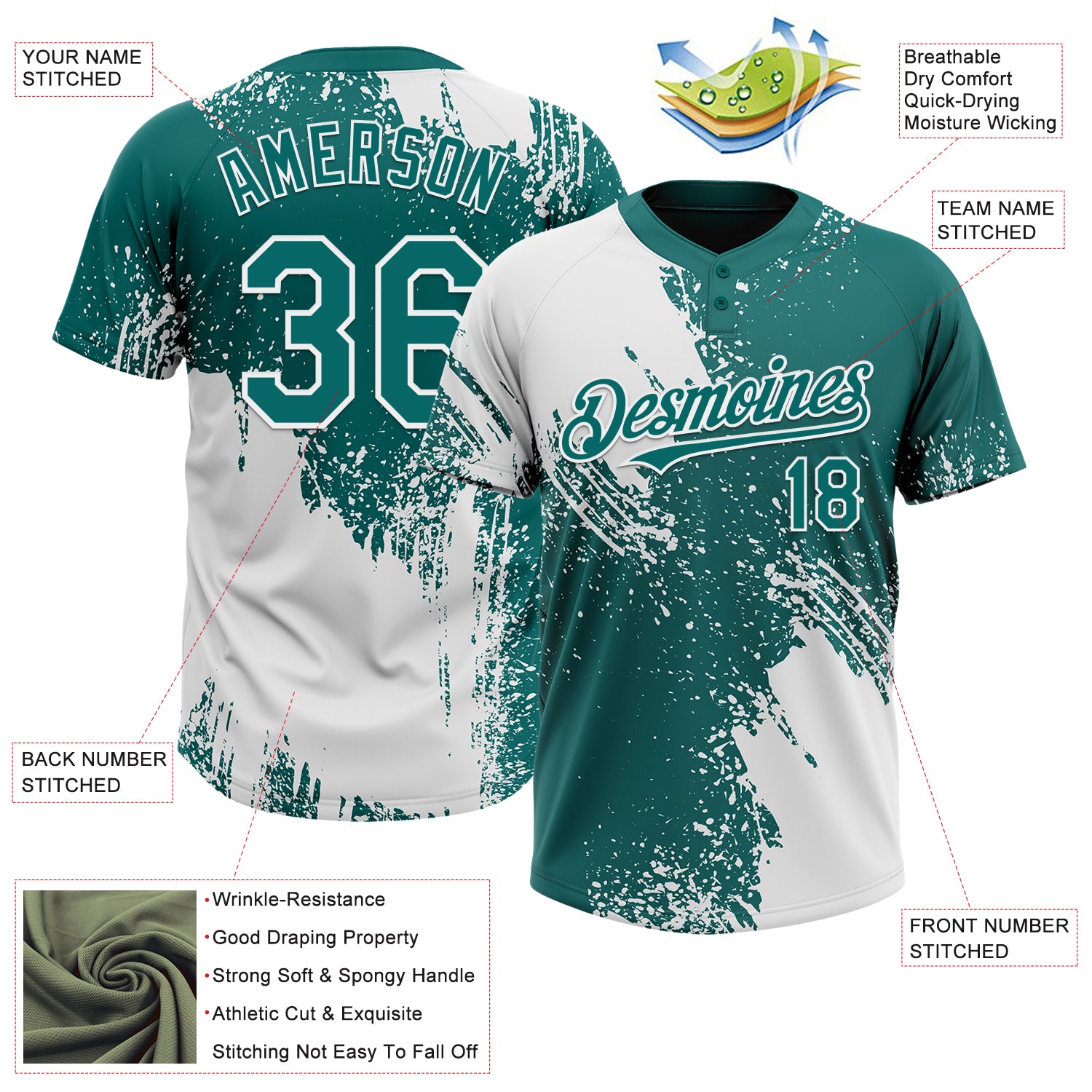Custom White Teal 3D Pattern Abstract Brush Stroke Two-Button Unisex Softball Jersey