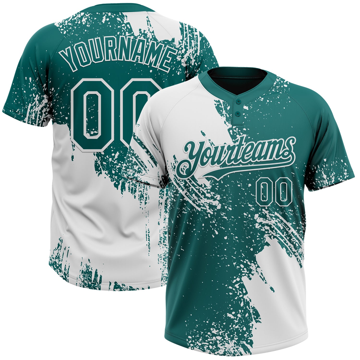 Custom White Teal 3D Pattern Abstract Brush Stroke Two-Button Unisex Softball Jersey