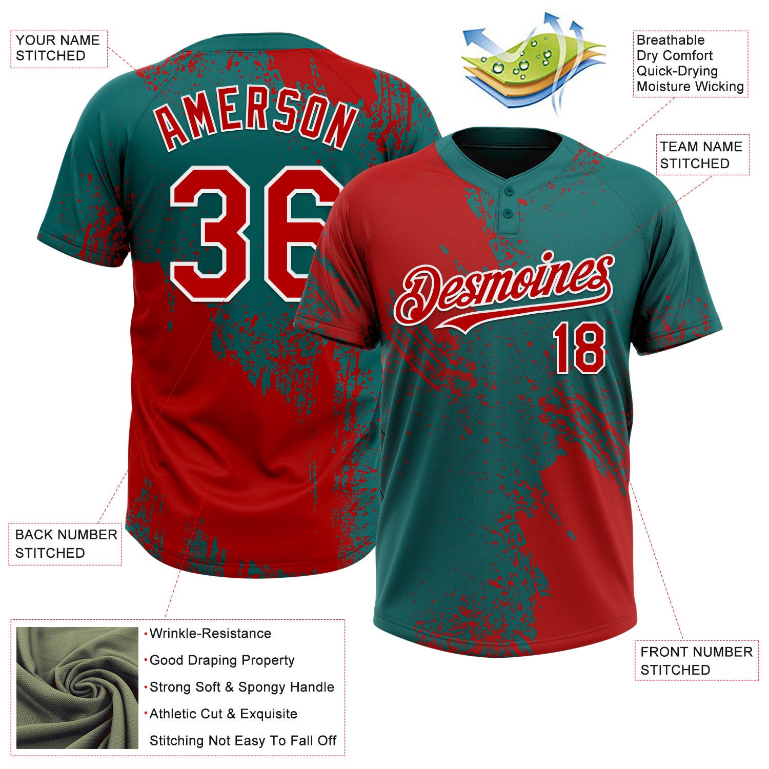 Custom Red Teal-White 3D Pattern Abstract Brush Stroke Two-Button Unisex Softball Jersey