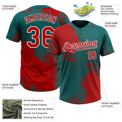 Custom Red Teal-White 3D Pattern Abstract Brush Stroke Two-Button Unisex Softball Jersey