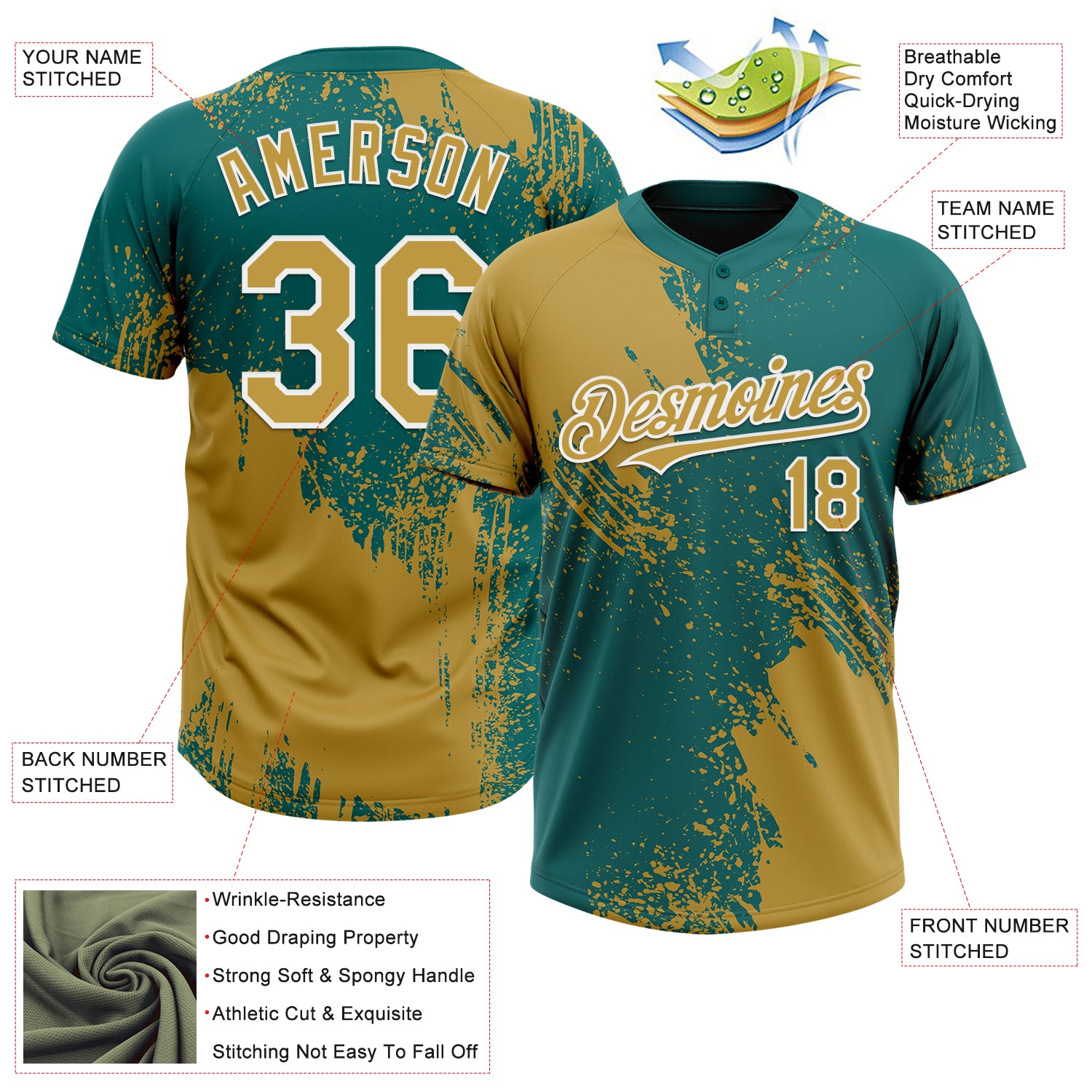 Custom Old Gold Teal-White 3D Pattern Abstract Brush Stroke Two-Button Unisex Softball Jersey