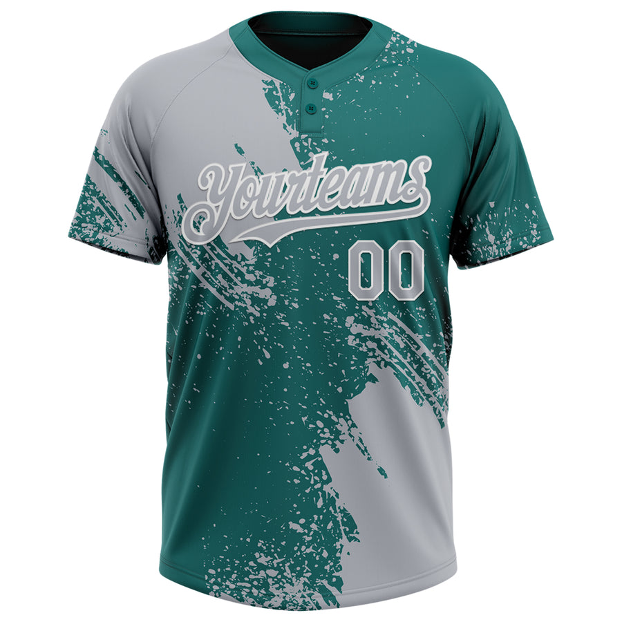 Custom Gray Teal-White 3D Pattern Abstract Brush Stroke Two-Button Unisex Softball Jersey