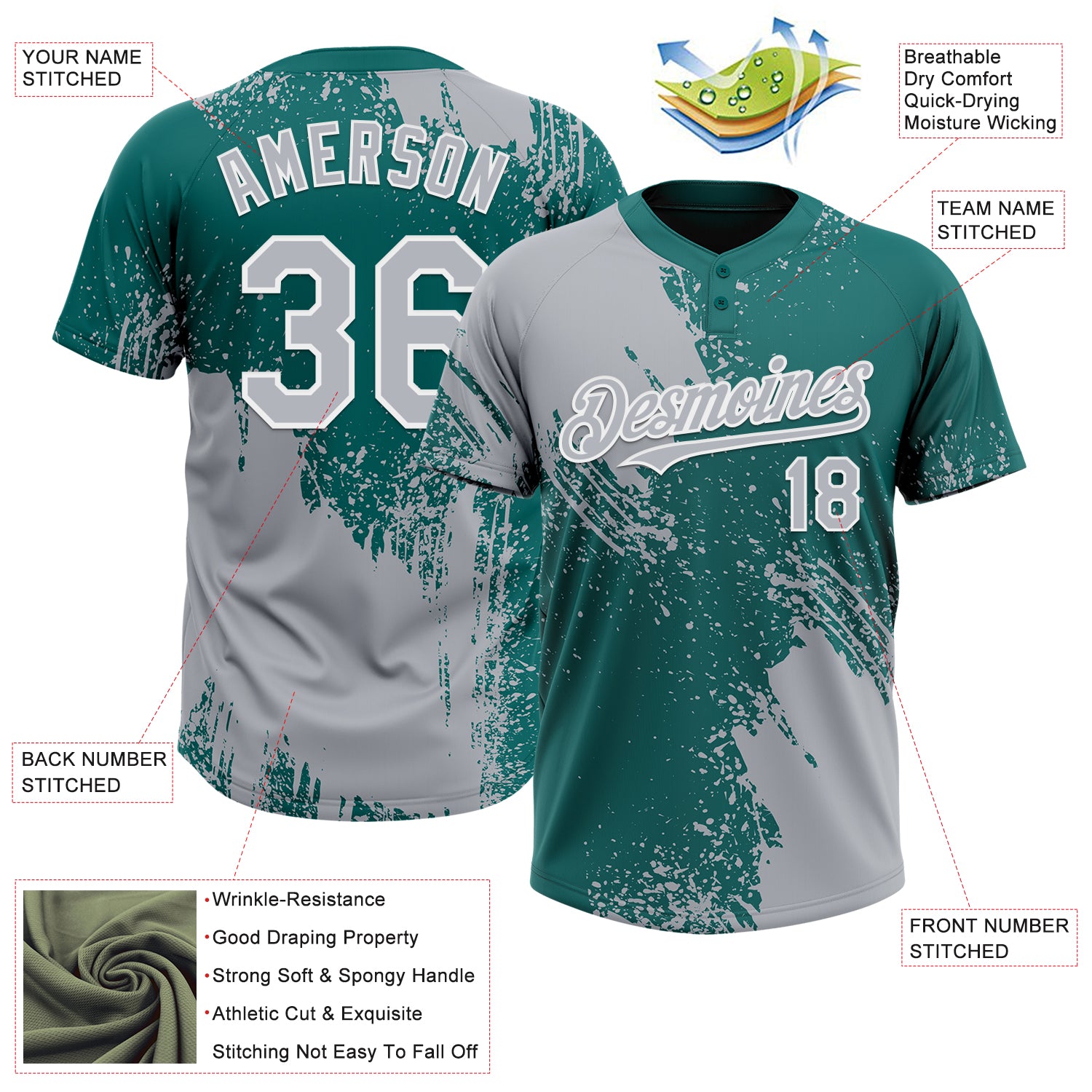 Custom Gray Teal-White 3D Pattern Abstract Brush Stroke Two-Button Unisex Softball Jersey