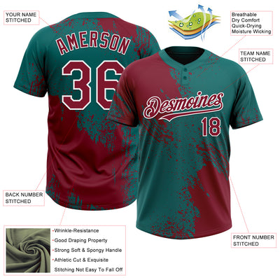 Custom Crimson Teal-White 3D Pattern Abstract Brush Stroke Two-Button Unisex Softball Jersey