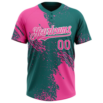 Custom Pink Teal-White 3D Pattern Abstract Brush Stroke Two-Button Unisex Softball Jersey