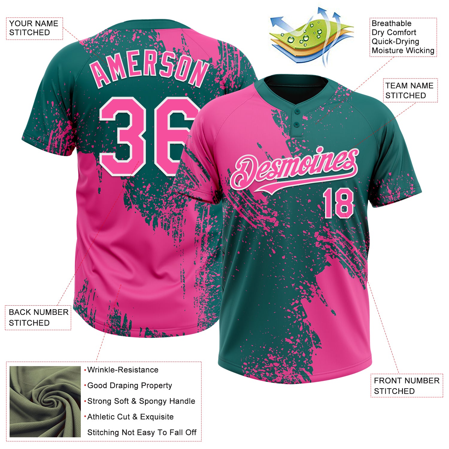 Custom Pink Teal-White 3D Pattern Abstract Brush Stroke Two-Button Unisex Softball Jersey