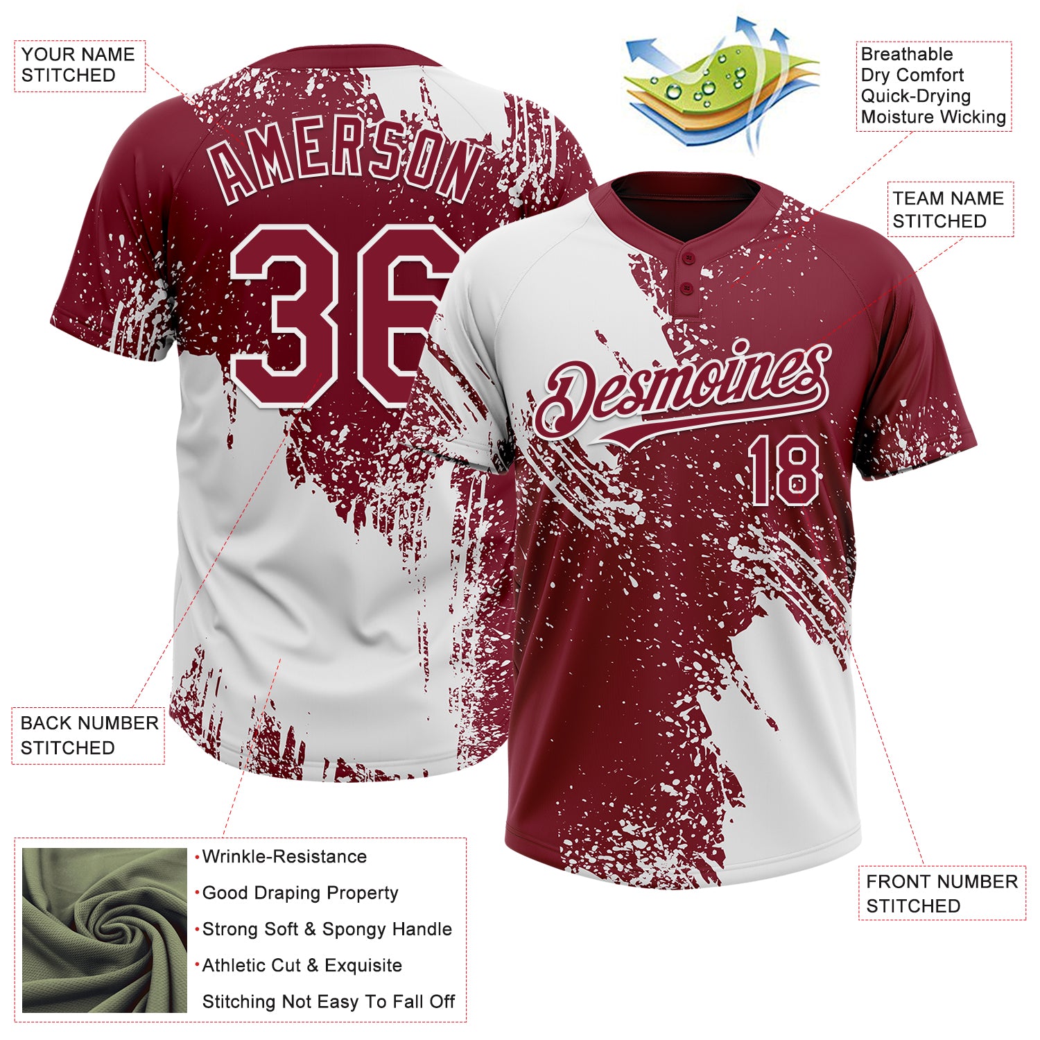 Custom White Crimson 3D Pattern Abstract Brush Stroke Two-Button Unisex Softball Jersey