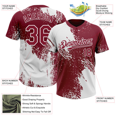 Custom White Crimson 3D Pattern Abstract Brush Stroke Two-Button Unisex Softball Jersey