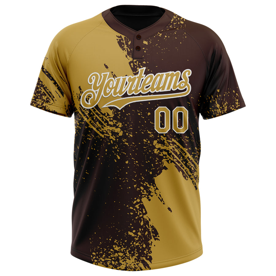 Custom Old Gold Brown-White 3D Pattern Abstract Brush Stroke Two-Button Unisex Softball Jersey