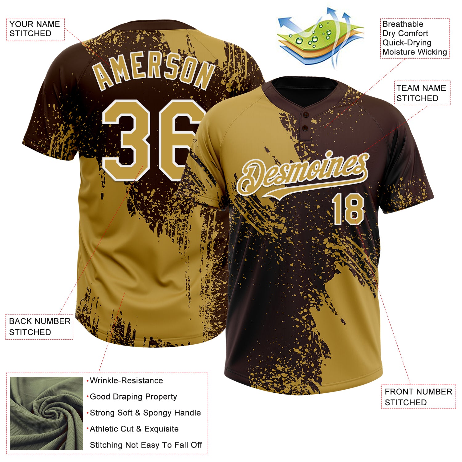 Custom Old Gold Brown-White 3D Pattern Abstract Brush Stroke Two-Button Unisex Softball Jersey