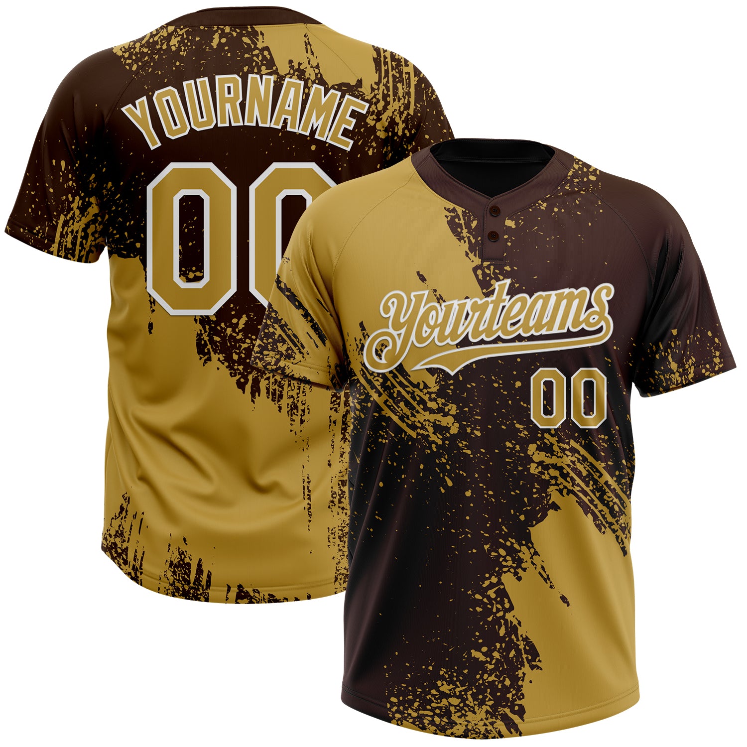Custom Old Gold Brown-White 3D Pattern Abstract Brush Stroke Two-Button Unisex Softball Jersey