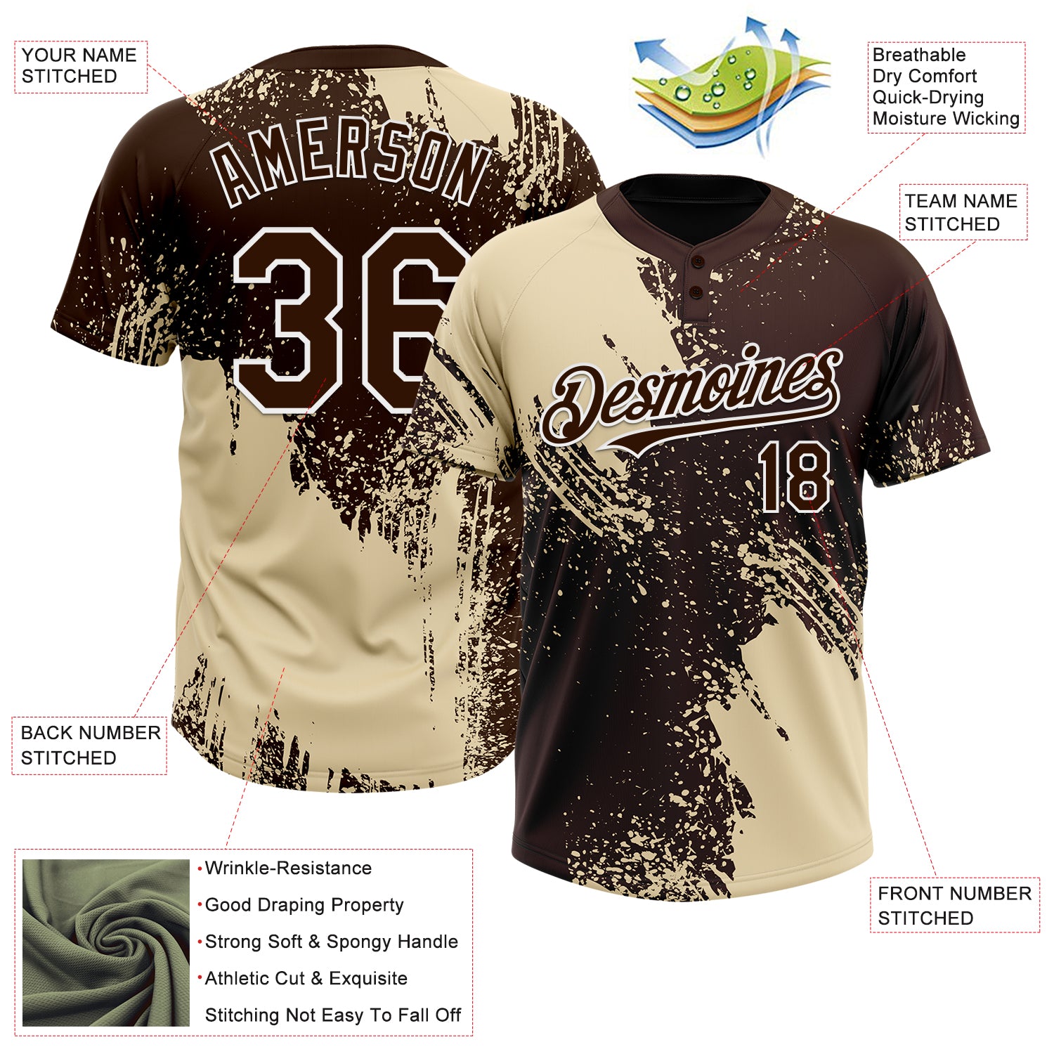Custom Cream Brown-White 3D Pattern Abstract Brush Stroke Two-Button Unisex Softball Jersey