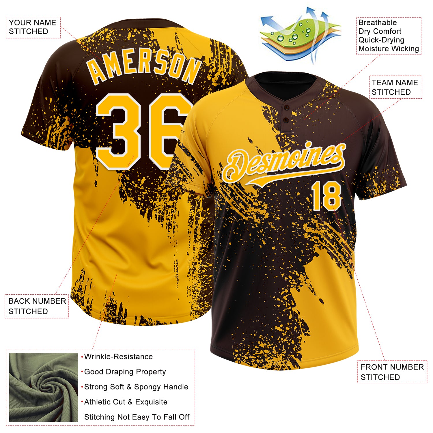 Custom Gold Brown-White 3D Pattern Abstract Brush Stroke Two-Button Unisex Softball Jersey