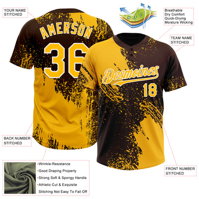 Custom Gold Brown-White 3D Pattern Abstract Brush Stroke Two-Button Unisex Softball Jersey