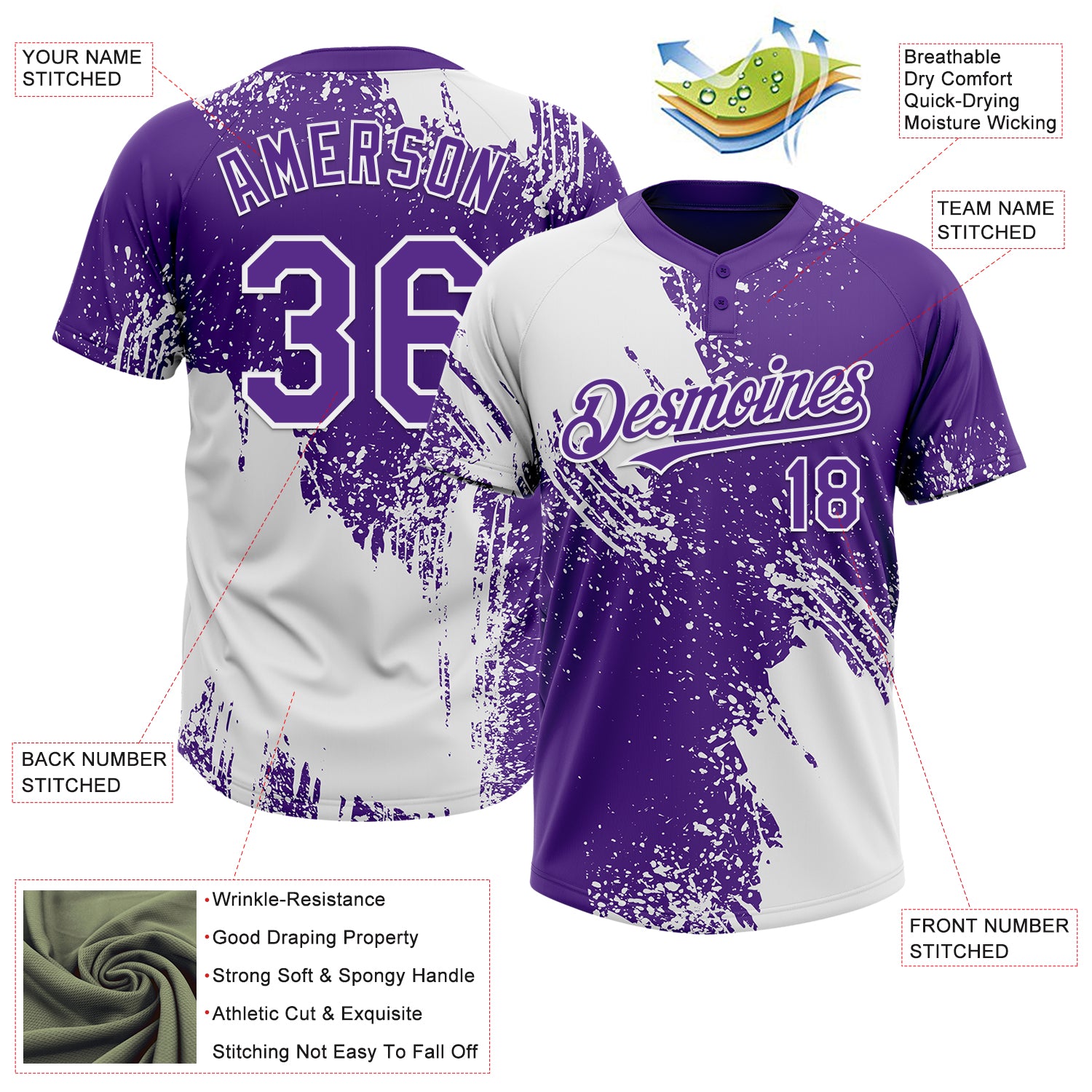 Custom White Purple 3D Pattern Abstract Brush Stroke Two-Button Unisex Softball Jersey