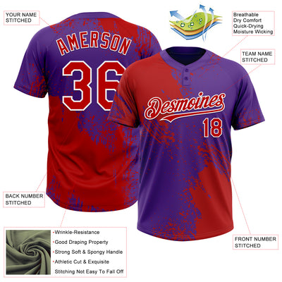 Custom Red Purple-White 3D Pattern Abstract Brush Stroke Two-Button Unisex Softball Jersey