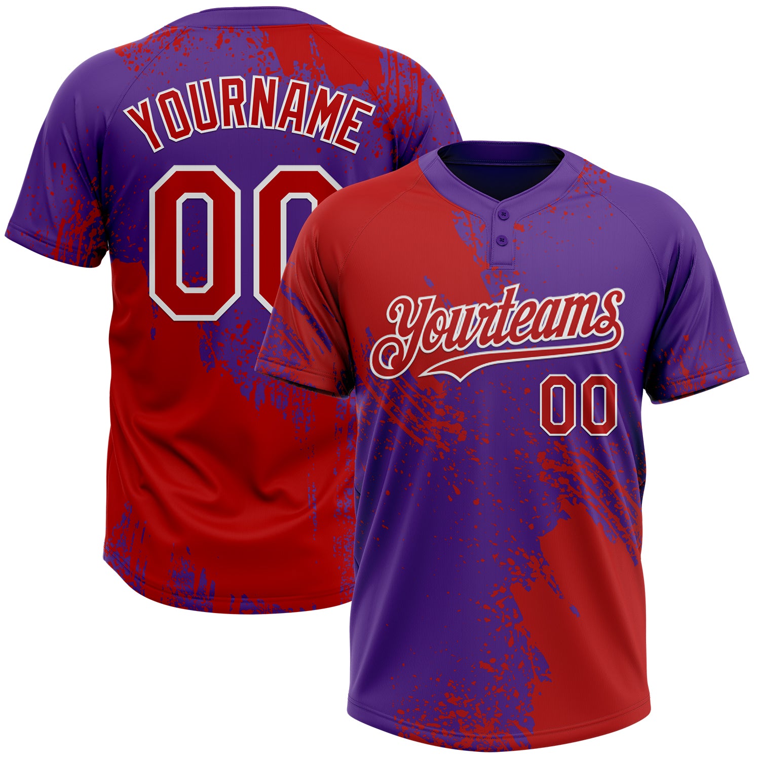 Custom Red Purple-White 3D Pattern Abstract Brush Stroke Two-Button Unisex Softball Jersey