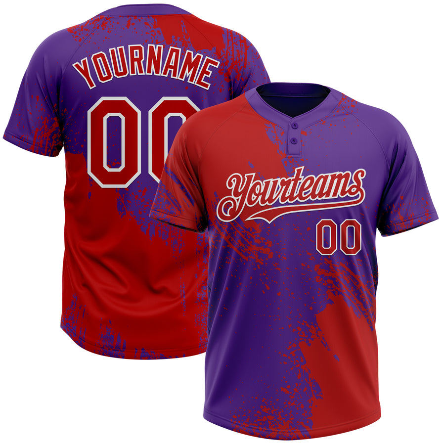 Custom Red Purple-White 3D Pattern Abstract Brush Stroke Two-Button Unisex Softball Jersey