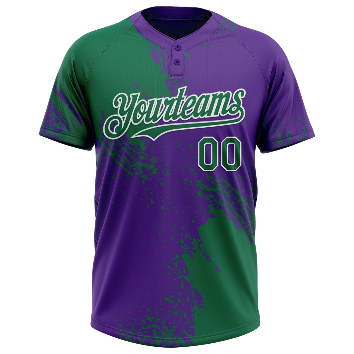 Custom Kelly Green Purple-White 3D Pattern Abstract Brush Stroke Two-Button Unisex Softball Jersey