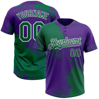 Custom Kelly Green Purple-White 3D Pattern Abstract Brush Stroke Two-Button Unisex Softball Jersey