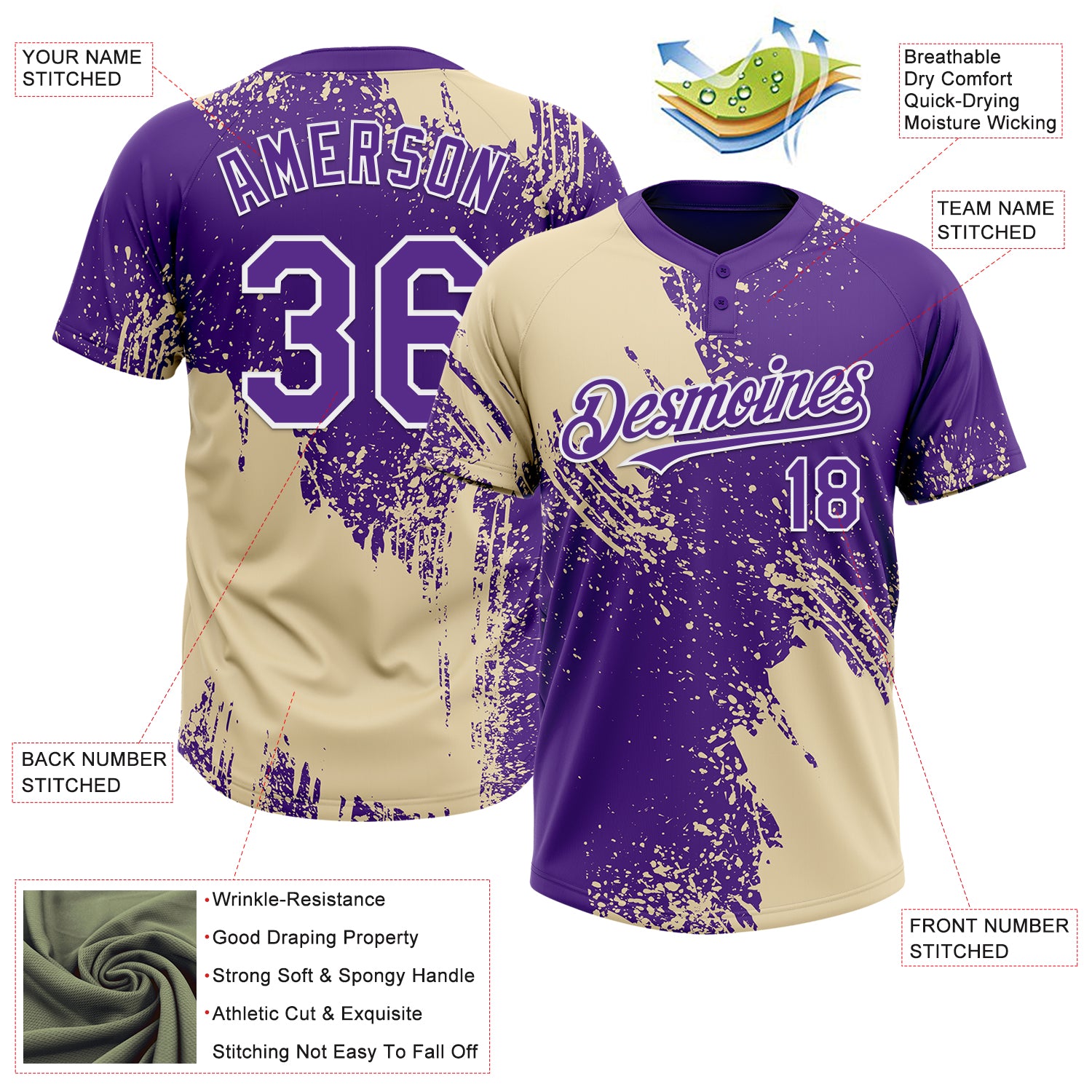 Custom Cream Purple-White 3D Pattern Abstract Brush Stroke Two-Button Unisex Softball Jersey