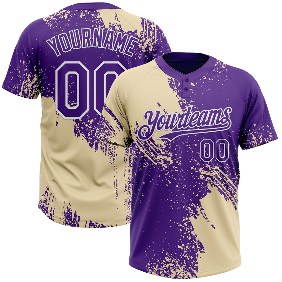 Custom Cream Purple-White 3D Pattern Abstract Brush Stroke Two-Button Unisex Softball Jersey