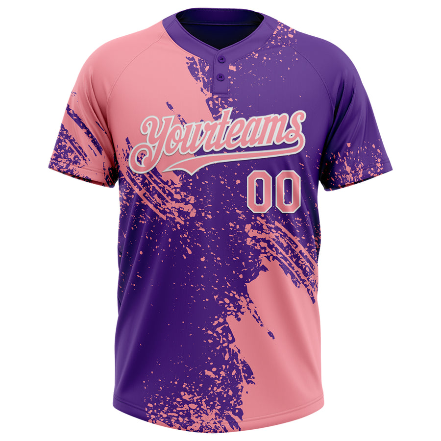 Custom Medium Pink Purple-White 3D Pattern Abstract Brush Stroke Two-Button Unisex Softball Jersey